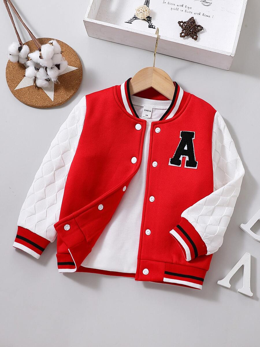 Toddler Boys Letter Patched Striped Trim Varsity Jacket Without Tee - Red and White - View 1