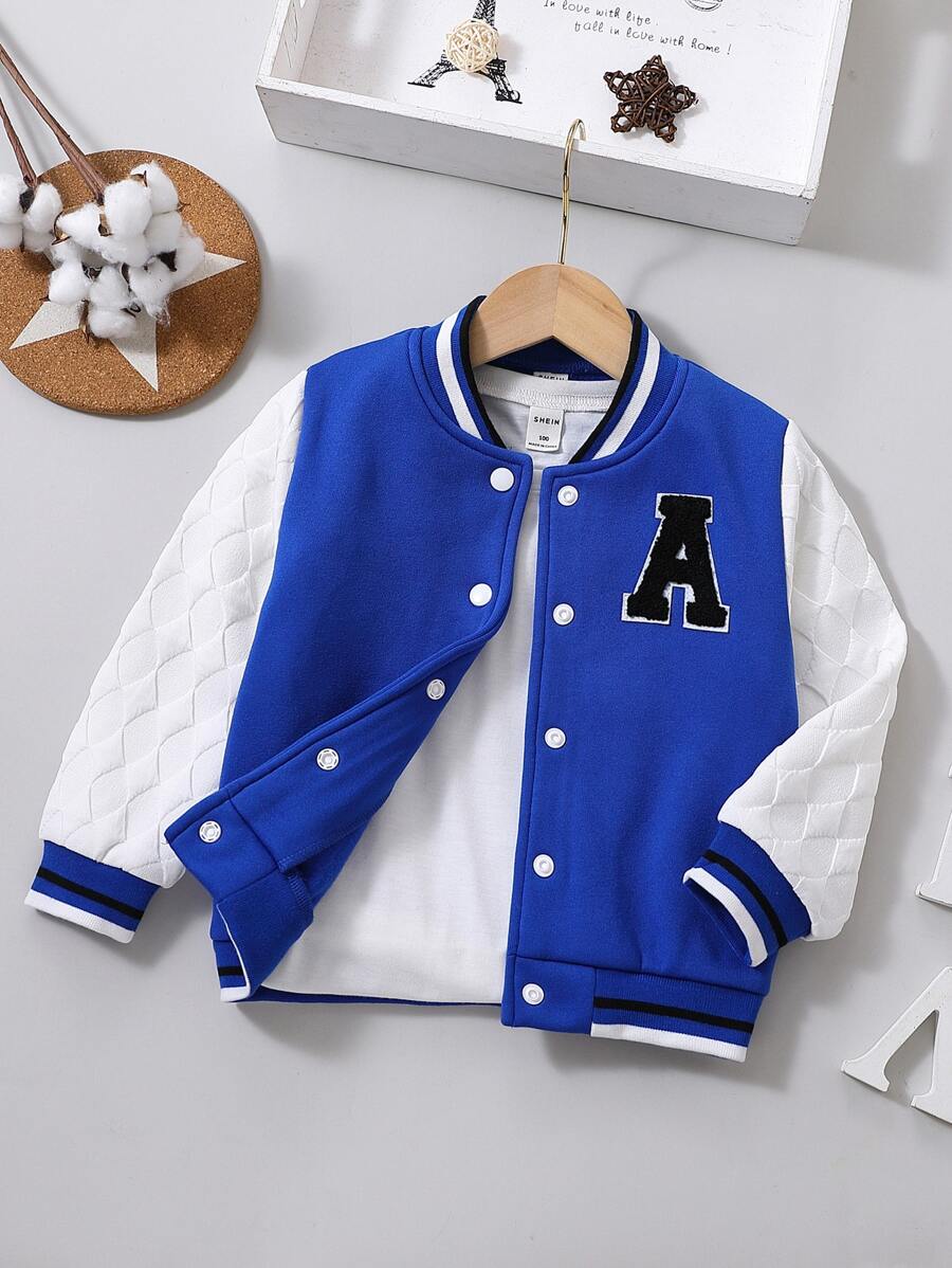 Toddler Boys Letter Patched Striped Trim Varsity Jacket Without Tee - Blue and White - View 1