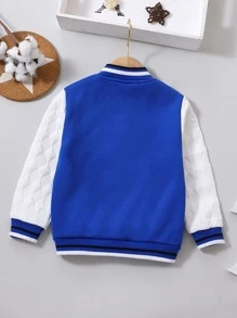Toddler Boys Letter Patched Striped Trim Varsity Jacket Without Tee - Blue and White - View 2