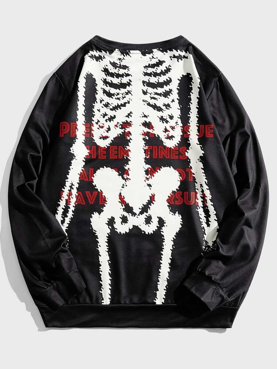 ROMWE MEN Guys Skeleton Print Sweatshirt - Black - View 1