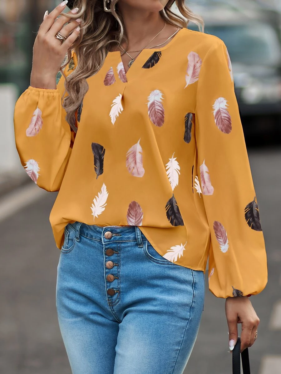 SHEIN LUNE Feather Print Notched Neck Bishop Sleeve Blouse - Yellow - View 1