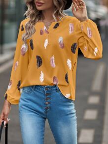 SHEIN LUNE Feather Print Notched Neck Bishop Sleeve Blouse - Yellow - View 3
