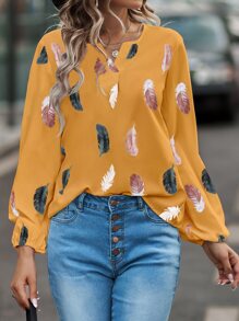 SHEIN LUNE Feather Print Notched Neck Bishop Sleeve Blouse - Yellow - View 5