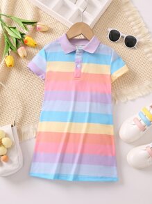 SHEIN Young Girl Multicolor Striped College Style Casual And Simple Mini Polo Dress With Short Regular Sleeves, Summer - Multicolor - View 1