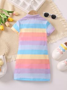 SHEIN Young Girl Multicolor Striped College Style Casual And Simple Mini Polo Dress With Short Regular Sleeves, Summer - Multicolor - View 2