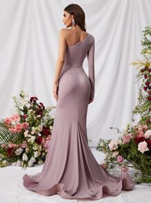 單肩褶邊高衩緞面正式連衣裙 - 淡紫色 - 查看 2