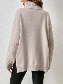 SHEIN Frenchy Turtleneck Drop Shoulder Split Hem Jumper - Apricot - View 2