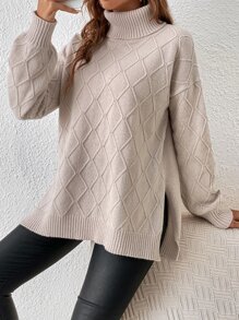 SHEIN Frenchy Turtleneck Drop Shoulder Split Hem Jumper - Apricot - View 3