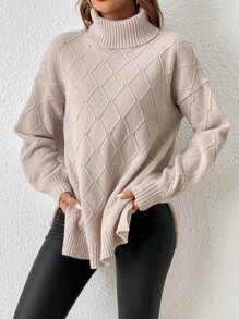 SHEIN Frenchy Turtleneck Drop Shoulder Split Hem Jumper - Apricot - View 4