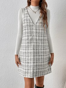 SHEIN Privé Plaid Print Pinafore Dress Without Jumper - White - View 4