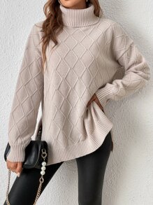 SHEIN Frenchy Turtleneck Drop Shoulder Split Hem Jumper - Apricot - View 5