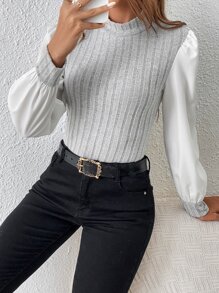 SHEIN Privé Camiseta 2 en 1 de dos tonos de manga farol de cuello alto - Gris Claro - Ver 3