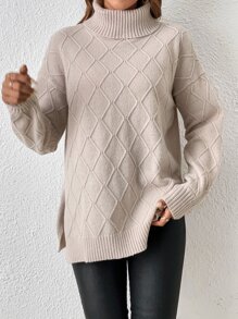 SHEIN Frenchy Turtleneck Drop Shoulder Split Hem Jumper - Apricot - View 6