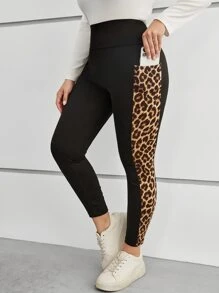 EMERY ROSE Plus Leopard Summer Outfits Print Leggings With Phone Pocket,Spring - Black - View 1