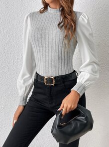 SHEIN Privé Camiseta 2 en 1 de dos tonos de manga farol de cuello alto - Gris Claro - Ver 1