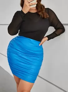 SHEIN Privé Plus Ruched PU Leather Skirt - Blue - View 1