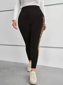 EMERY ROSE Plus Leopard Summer Outfits Print Leggings With Phone Pocket,Spring - Black - View 3