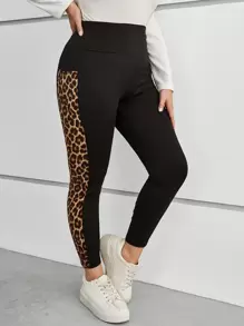 EMERY ROSE Plus Leopard Summer Outfits Print Leggings With Phone Pocket,Spring - Black - View 5