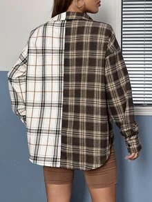 SHEIN EZwear 格紋印花落肩袖翻蓋口袋襯衫