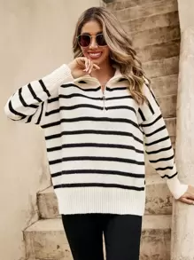 SHEIN Frenchy Jersey con patrón de rayas con cremallera cuarta de hombros caídos - Blanco - Ver 1