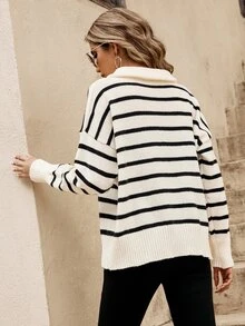 SHEIN Frenchy Jersey con patrón de rayas con cremallera cuarta de hombros caídos - Blanco - Ver 2