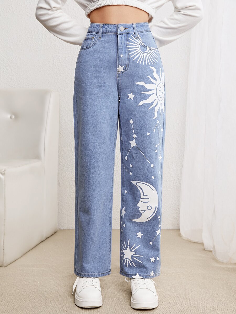 SHEIN Jeansy dla dziewczynek Guziki Kieszeń Zamek błyskawiczny Galaktyka