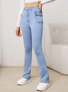 SHEIN Teen Girls Flap Pocket Bootcut Leg Jeans - Light Wash - View 1