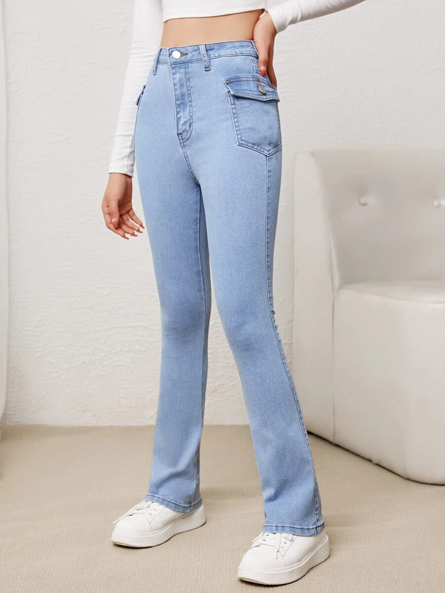 SHEIN Teen Girls Flap Pocket Bootcut Leg Jeans - Light Wash - View 1