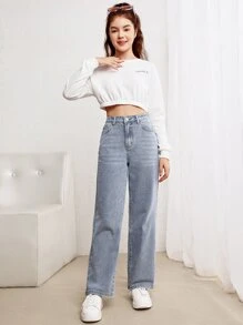 SHEIN Teen Girls Light Washed Straight Leg Jeans - Light Wash - View 3