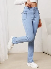 SHEIN Teen Girls Flap Pocket Bootcut Leg Jeans - Light Wash - View 4