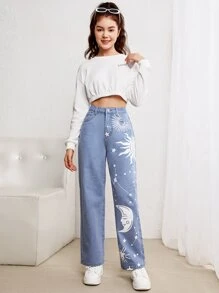 SHEIN Jeansy dla dziewczynek Guziki Kieszeń Zamek błyskawiczny Galaktyka