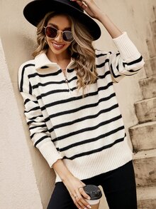 SHEIN Frenchy Jersey con patrón de rayas con cremallera cuarta de hombros caídos - Blanco - Ver 5