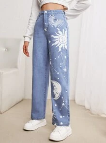 SHEIN Jeansy dla dziewczynek Guziki Kieszeń Zamek błyskawiczny Galaktyka