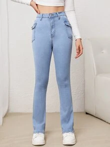 SHEIN Teen Girls Flap Pocket Bootcut Leg Jeans - Light Wash - View 5