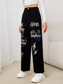 SHEIN Teen Girls Letter & Cartoon Graphic Jeans - Black - View 4
