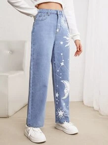 SHEIN Jeansy dla dziewczynek Guziki Kieszeń Zamek błyskawiczny Galaktyka