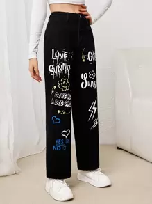 SHEIN Teen Girls Letter & Cartoon Graphic Jeans - Black - View 5