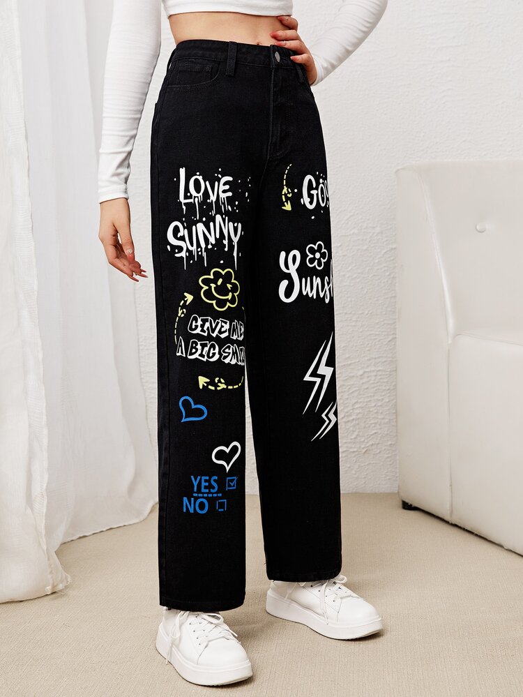 SHEIN Teen Girls Letter & Cartoon Graphic Jeans - Black - View 5