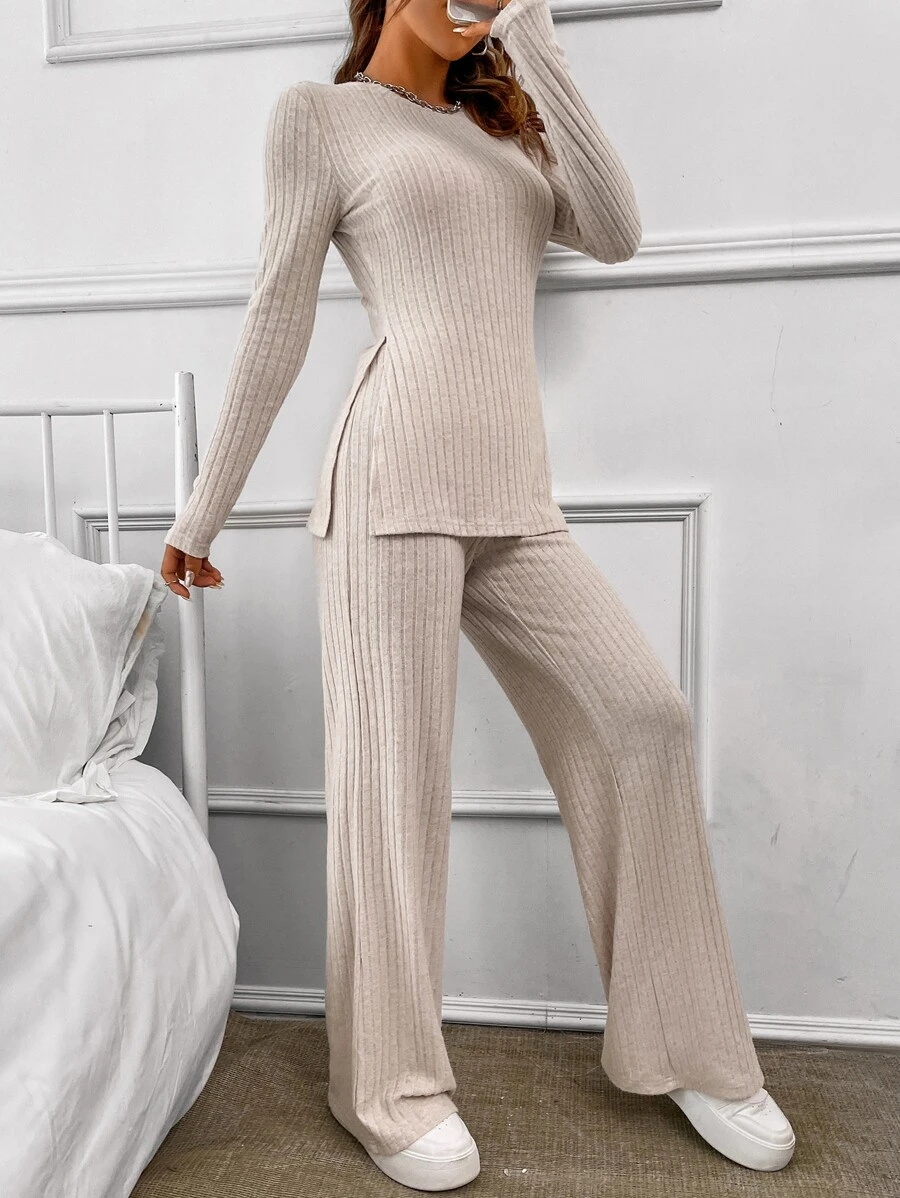 SHEIN Essnce Split Hem Ribbed Knit Tee & Trousers - Beige - View 1