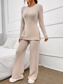 SHEIN Essnce Split Hem Ribbed Knit Tee & Trousers - Beige - View 3
