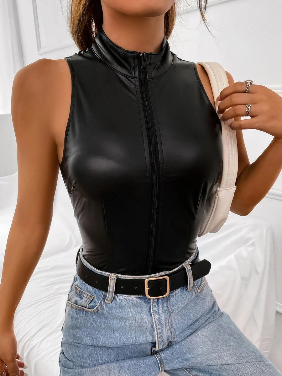 SHEIN BAE Zip Up PU Leather Bodysuit - Black - View 1