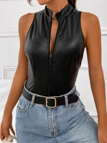 SHEIN BAE Zip Up PU Leather Bodysuit - Black - View 3