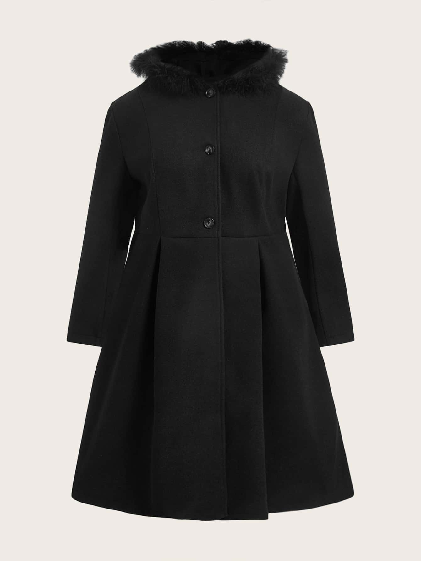 SHEIN Clasi Plus Fuzzy Trim Hooded Fold Pleated Overcoat - Black - View 1