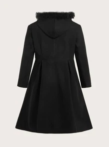SHEIN Clasi Plus Fuzzy Trim Hooded Fold Pleated Overcoat - Black - View 2