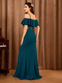 Váy phù dâu Tương phản ren Xù Tách cao màu trơn - Màu xanh ngọc - Xem 2