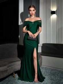Off Shoulder Ruched Contrast Mesh Split Thigh Bridesmaid Dress - Dark Green - View 3
