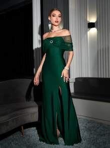 Off Shoulder Ruched Contrast Mesh Split Thigh Bridesmaid Dress - Dark Green - View 5