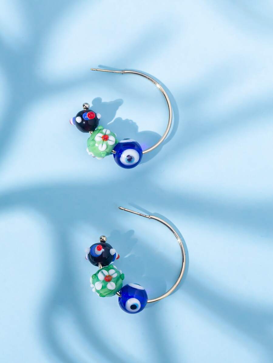 Evil Eye Decor Cuff Hoop Earrings - Multicolor - View 1