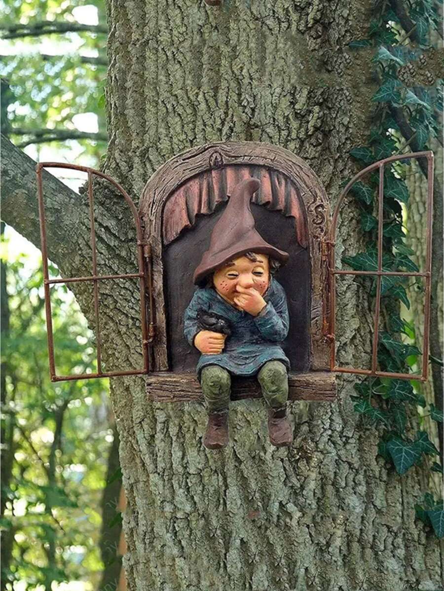 Adorno de jardín ventana & gnomo - Óxido marrón - Ver 1