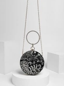 Mini Sequin Flower Decor Circle Bag - Black - View 1